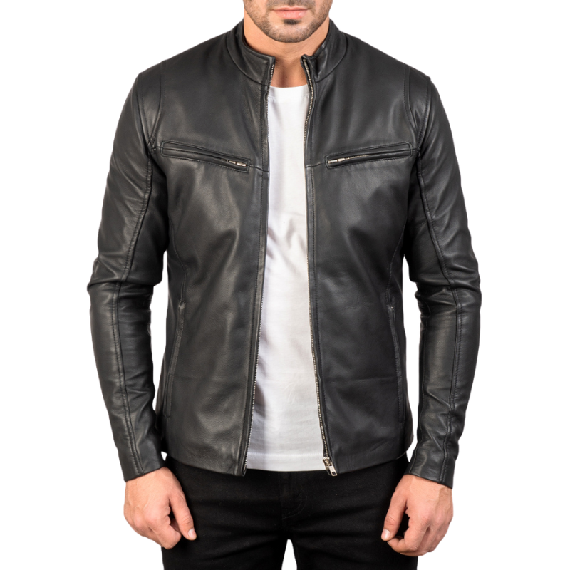 Men’s Genuine Sheepskin Leather Biker Jacket, Quilted Lining, Black