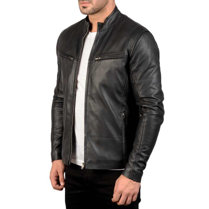 Men’s Genuine Sheepskin Leather Biker Jacket, Quilted Lining, Black