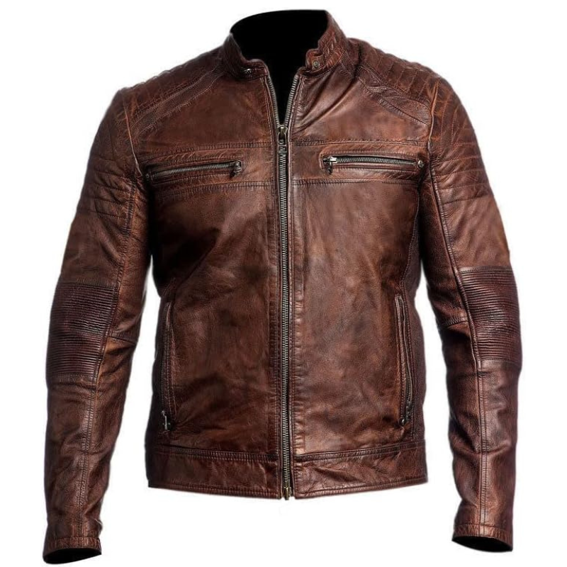 Men’s Genuine Leather Biker Jacket, Zipper Closure