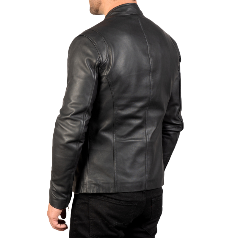 Men’s Genuine Sheepskin Leather Biker Jacket, Quilted Lining, Black