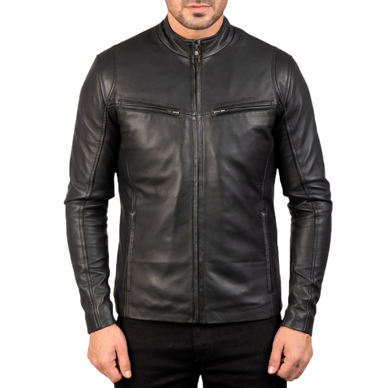 Men’s Genuine Sheepskin Leather Biker Jacket, Quilted Lining, Black