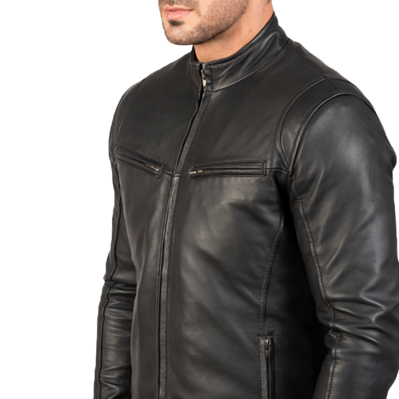 Men’s Genuine Sheepskin Leather Biker Jacket, Quilted Lining, Black